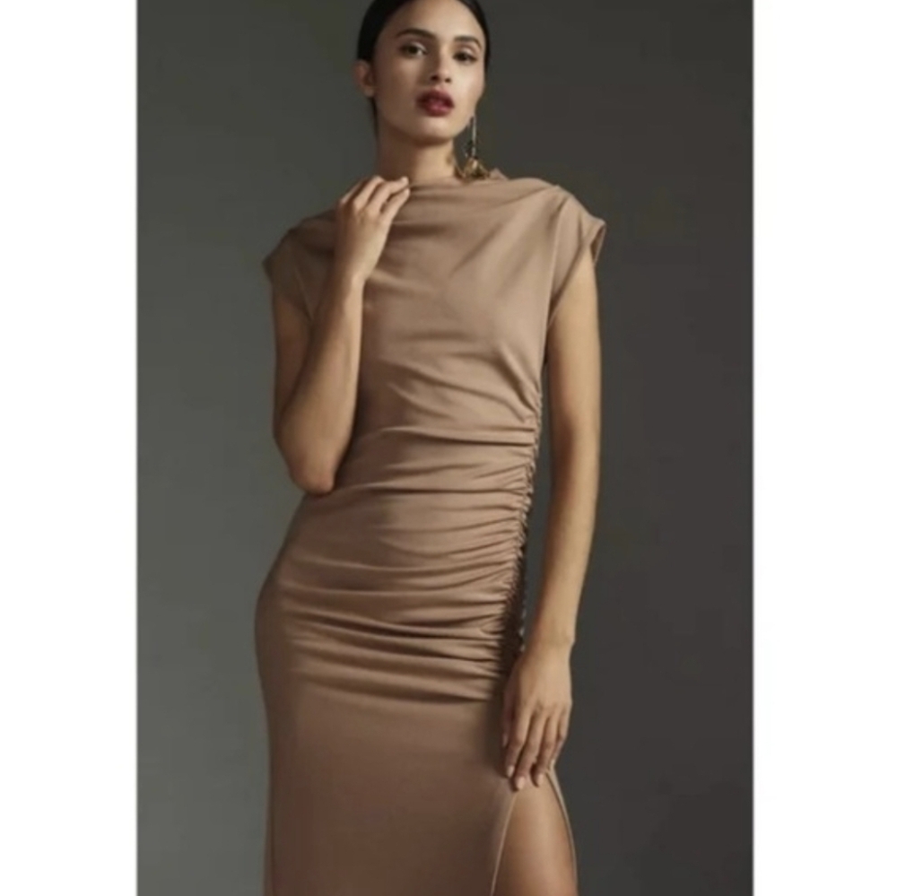 Anthropologie Maya Ruched Tan Mock Neck Dress